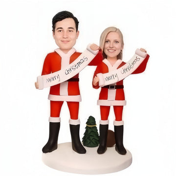 Merry Christmas - Custom Bobblehead Family Gifts Double Heads Customized With Engraved Text