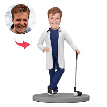 Custom Doctor in Blue Scrubs Playing Golf Bobblehead