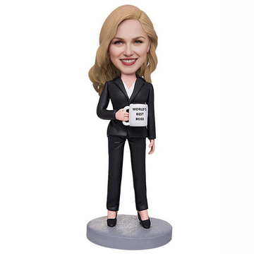 Custom Business Woman Bobblehead – Holding Water Glass with Engraved Text