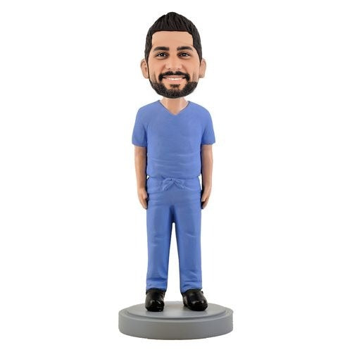 Male medical worker bobblehead in blue overalls– Handmade Personalized