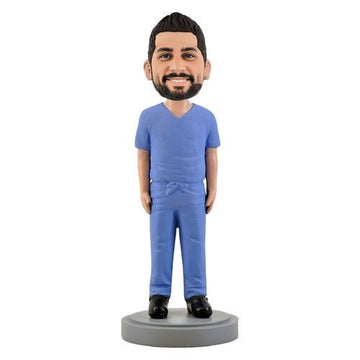 Male medical worker bobblehead in blue overalls– Handmade Personalized